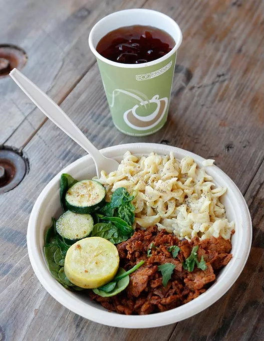 Down home bowl and organic iced tea at the Loaded Bowl in Oklahoma City, Friday, May 1, 2015. - GARETT FISBECK