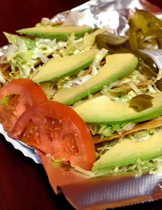 Tacos de papa, at Taqueria la Tropicana, 12-21-15. - MARK HANCOCK