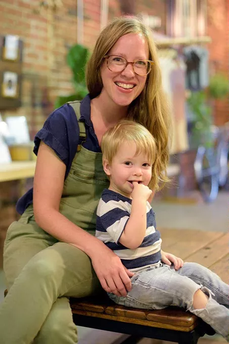 Lindsay Zodrow and her son, Finn, are fixtures at the Plaza District’s Collective Thread, which Zodrow opened in 2008. (Garett Fisbeck)