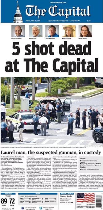 The front page of the Capital Gazette the day after the deadly shooting in Annapolis, Maryland. - PROVIDED