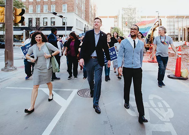 Ward 7 councilman James Cooper, mayor David Holt and county commissioner Carrie Blumert led a crowd of supporters to City Hall. - ALEXA ACE