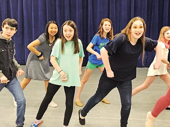 from left Ayden Hartel, Emma Wells, Estella Stevenson, Nikki Oliphant and Emma Poindexter rehearse for Thelma Gaylord Academy’s production of Honk Jr. - PROVIDED