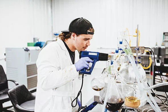Laboratory workers at Releaf Labs process cannabis distillate for their vape cartridges. - ALEXA ACE