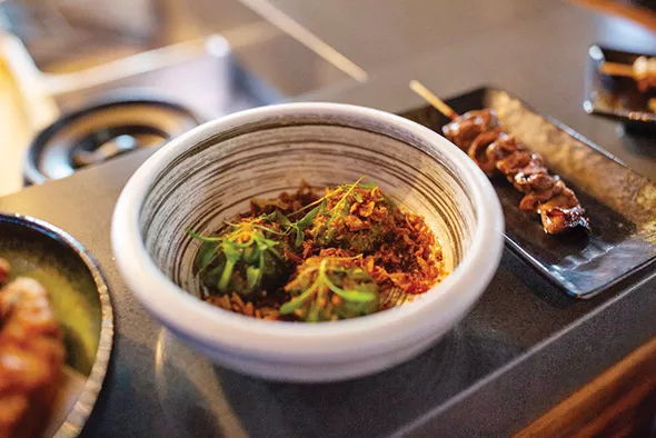 Eggplant wontons and a skewer of chicken hearts - ALEXA ACE