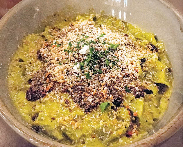 Spinach pappardelle with a sauce made with tomatillo and butternut squash - JACOB THREADGILL