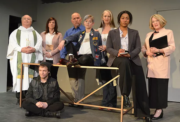 John Kovaleskie, Ford Filson, Alexandra Shadid, Grant Brittan, Sara Byerly, Denise Hughes, Aiesha Watley and Cindy Barrios star in The Library at Carpenter Square Theatre Friday-March 14. - RHONDA CLARK / PROVIDED