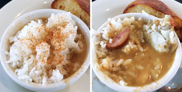 Before and after photos that show rice covering up a crab shell that takes up a large portion of a cup of gumbo. - JACOB THREADGILL
