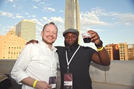 From left, Peter Gibbons and Ian Lawlar, attending the OKCMOA opening night rooftop party for the DeadCenter Film Festival, 6-11-2015.  Mark Hancock