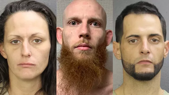 From left: Natalie Rebecca Williams, Joshua Aaron Greiff and Andres Rafael - PHOTOS VIA BROWARD COUNTY JAIL AND DAVIE POLICE DEPARTMENT