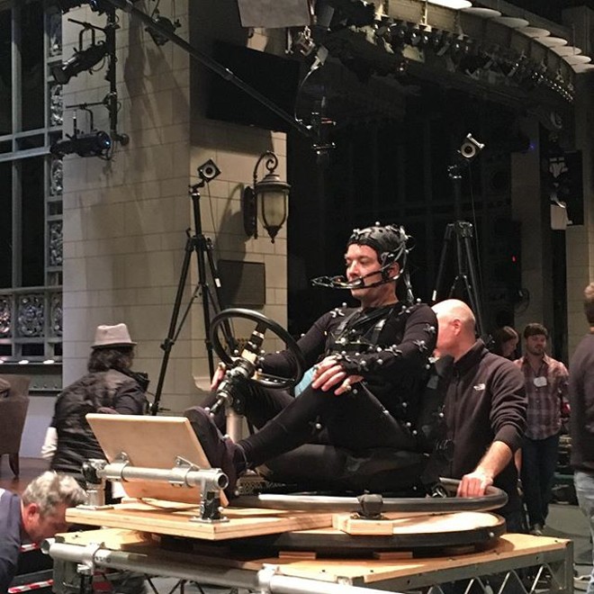 Fallon on set seated in what we assume will be some kind of motorized vehicle once the folks at ILM work their spooky magic. - PHOTO VIA INSTAGRAM