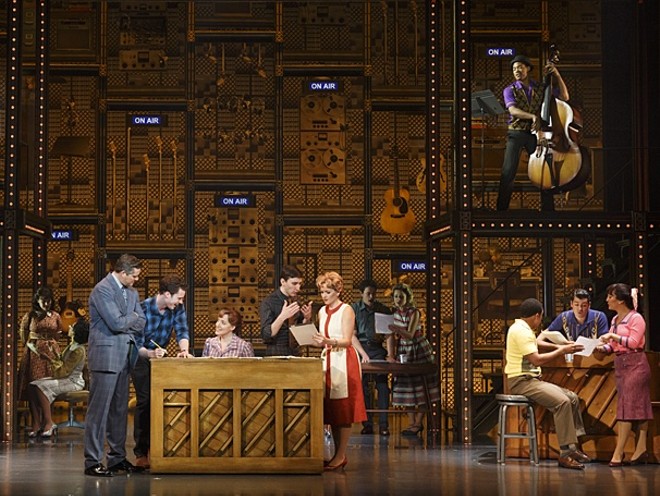 Curt Bouril (Don Kirshner), Liam Tobin (Gerry Goffin), Abby Mueller (Carole King), Ben Fankhauser (Barry Mann) and Becky Gulsvig (Cynthia Weil) in Beautiful: The Carole King Musical - PRODUCTION PHOTO BY JOAN MARCUS VIA BROADWAY.COM