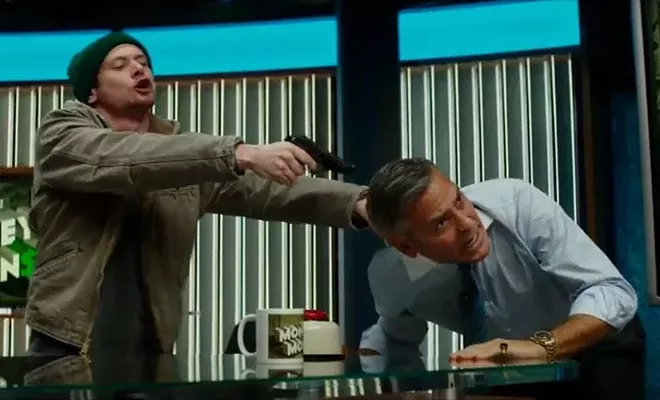 Irate investor Jack O'Connell asks financial TV-show host George Clooney where all his money went.