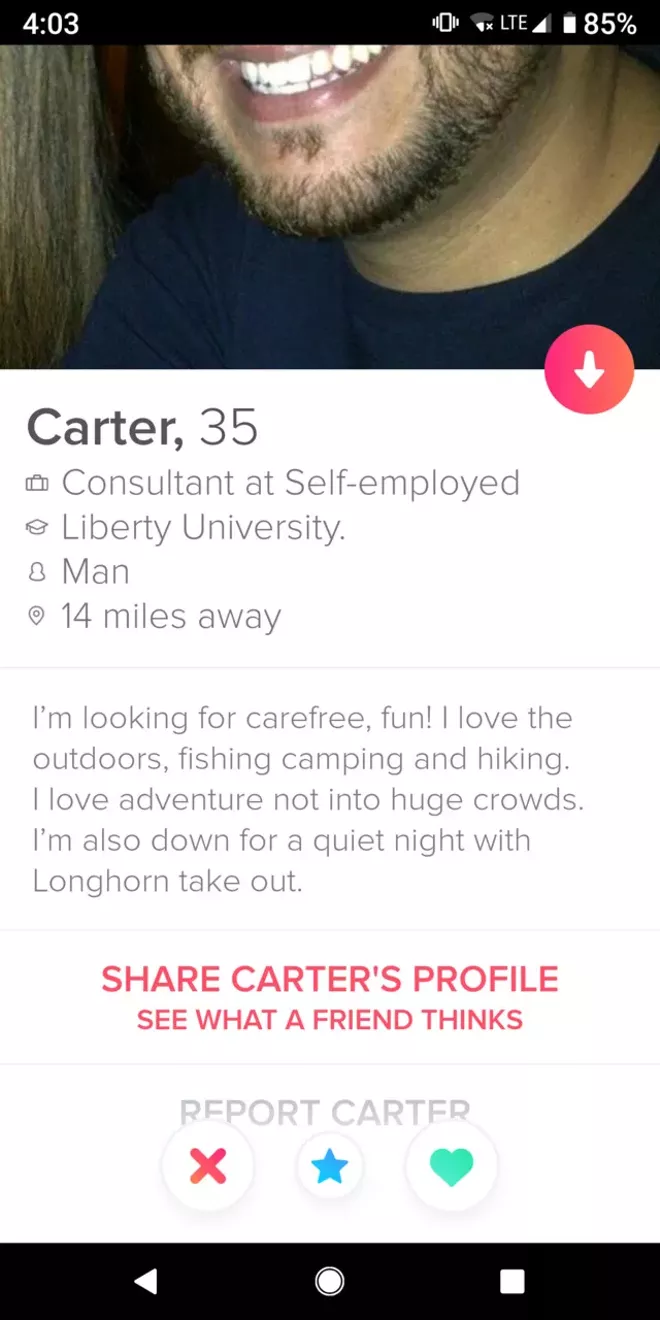 SCREENGRAB VIA TINDER, OBTAINED BY CREATIVE LOAFING TAMPA BAY