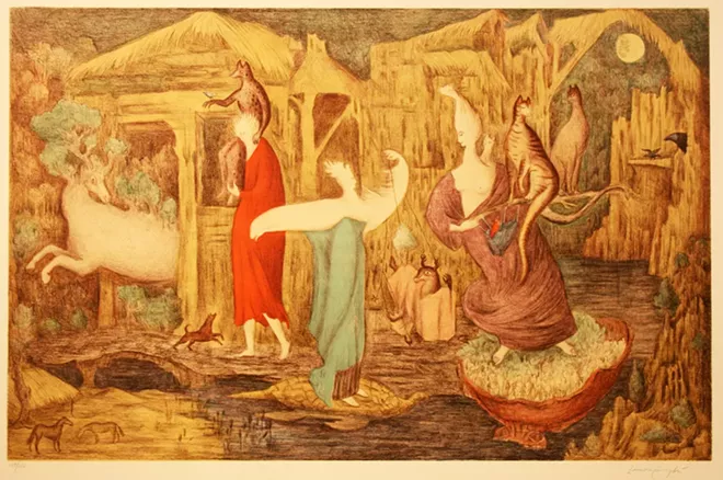 LEONORA CARRINGTON (BRITISH, 1917-2011), 'TUESDAY (STATE II)/MARTES (ESTADO II),' 1987, LITHOGRAPH/LITOGRAFÍA; COLLECTION OF DR. ZAPANTA/COLECCIÓN DEL DR. ZAPANTA © 2019 LEONORA CARRINGTON/ARTISTS RIGHTS SOCIETY (ARS), NEW YORK