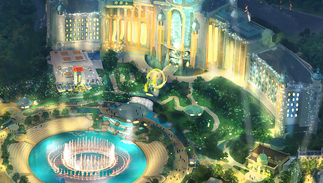 The Epic Universe hotel and fountain show amphitheater - IMAGE VIA NBCUNIVERSAL