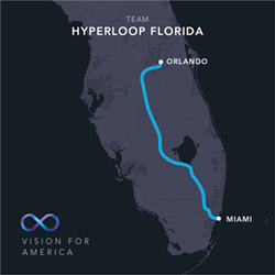 The Virgin Hyperloop One route between Orlando and Miami via Hwy 27 - HYPERLOOP ONE/FACEBOOK