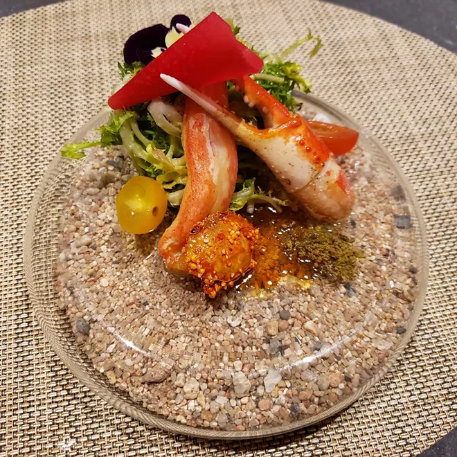 Ponzu snow crab, toasted tamagogani (dried crab), umeshu reduction, watermelon radish tsukemono, sesame pollen, leek gel, frisee, heirloom tomato - FAIYAZ KARA