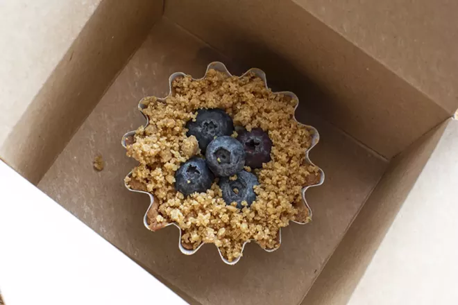 Lemon cream tart with walnut-thyme streusel and blueberries - PHOTO BY ROB BARTLETT