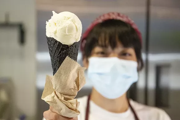 Sweet-cream ice cream on black ash vanilla chia cone, Greenery Creamery - PHOTO BY ROB BARTLETT