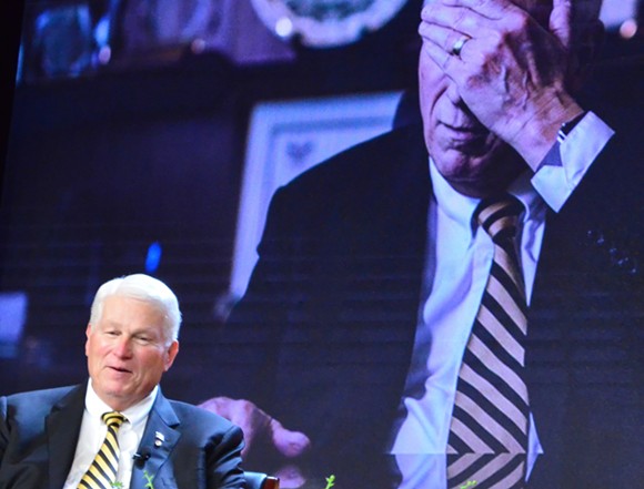 UCF President John C. Hitt discusses campus achievements on stage in the Student Union during the celebration of his 25th anniversary as President on March 1, 2017. - PHOTO BY JOEY ROULETTE