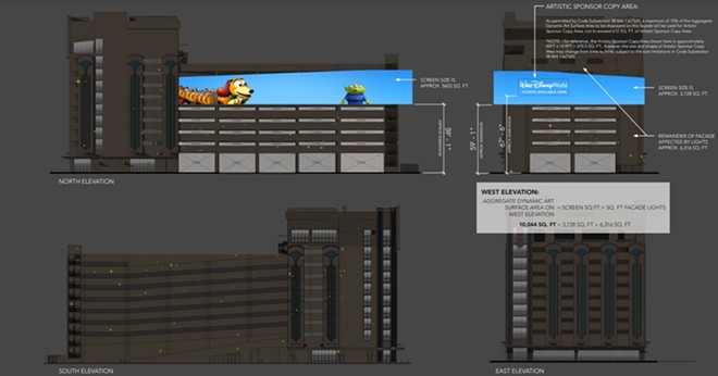 Concept art, as seen in the permit application, sent to Orange County. Parcel 36-23-28-3787-00-010.  This nighttime concept art showcases the 'pixie dust' lighting that will accent the large screen. - IMAGE VIA ORANGE COUNTY | AOA