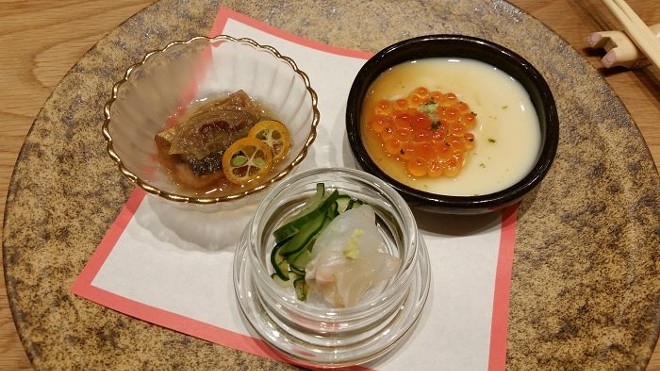 Clockwise from bottom: Marbled sole w/ pickled cucumber; marinated pike mackerel with kumquat; ikura (salmon roe) with Japanese egg custard