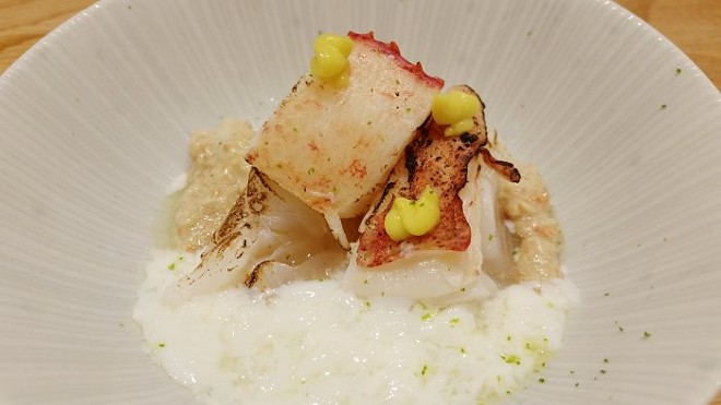Seared Maine lobster, coral (tomalley) sauce, poached egg white, kimizu (egg and rice vinegar dressing)