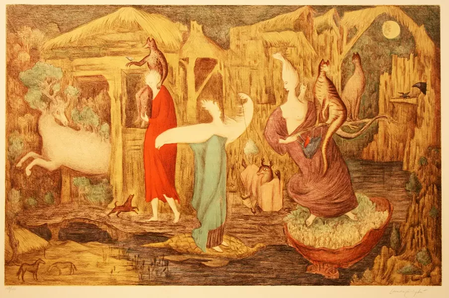 LEONORA CARRINGTON (BRITISH, 1917-2011), 'TUESDAY (STATE II)/MARTES (ESTADO II),' 1987, LITHOGRAPH/LITOGRAFÍA; COLLECTION OF DR. ZAPANTA/COLECCIÓN DEL DR. ZAPANTA © 2019 LEONORA CARRINGTON/ARTISTS RIGHTS SOCIETY (ARS), NEW YORK
