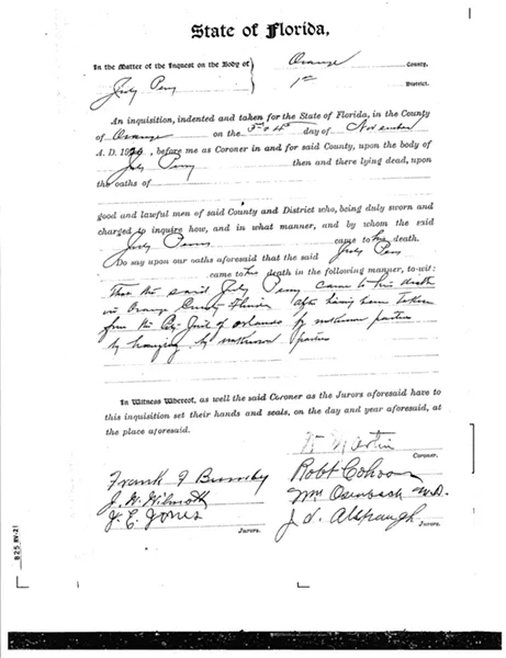 The coroner's report on July Perry. - PHOTOS AND DOCUMENTS COURTESY ORANGE COUNTY REGIONAL HISTORY CENTER