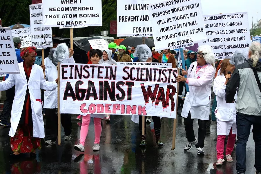 Medea Benjamin (far right) founded Code Pink's "Einstein Scientists Against War" - PHOTO BY BAYNARD WOODS