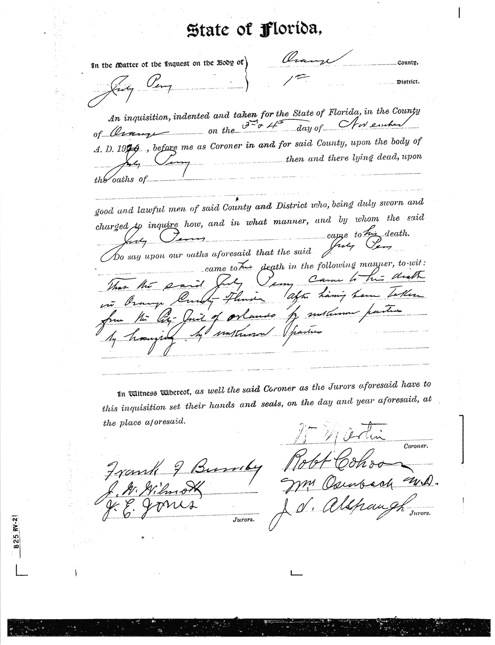 The coroner's report on July Perry. - PHOTOS AND DOCUMENTS COURTESY ORANGE COUNTY REGIONAL HISTORY CENTER