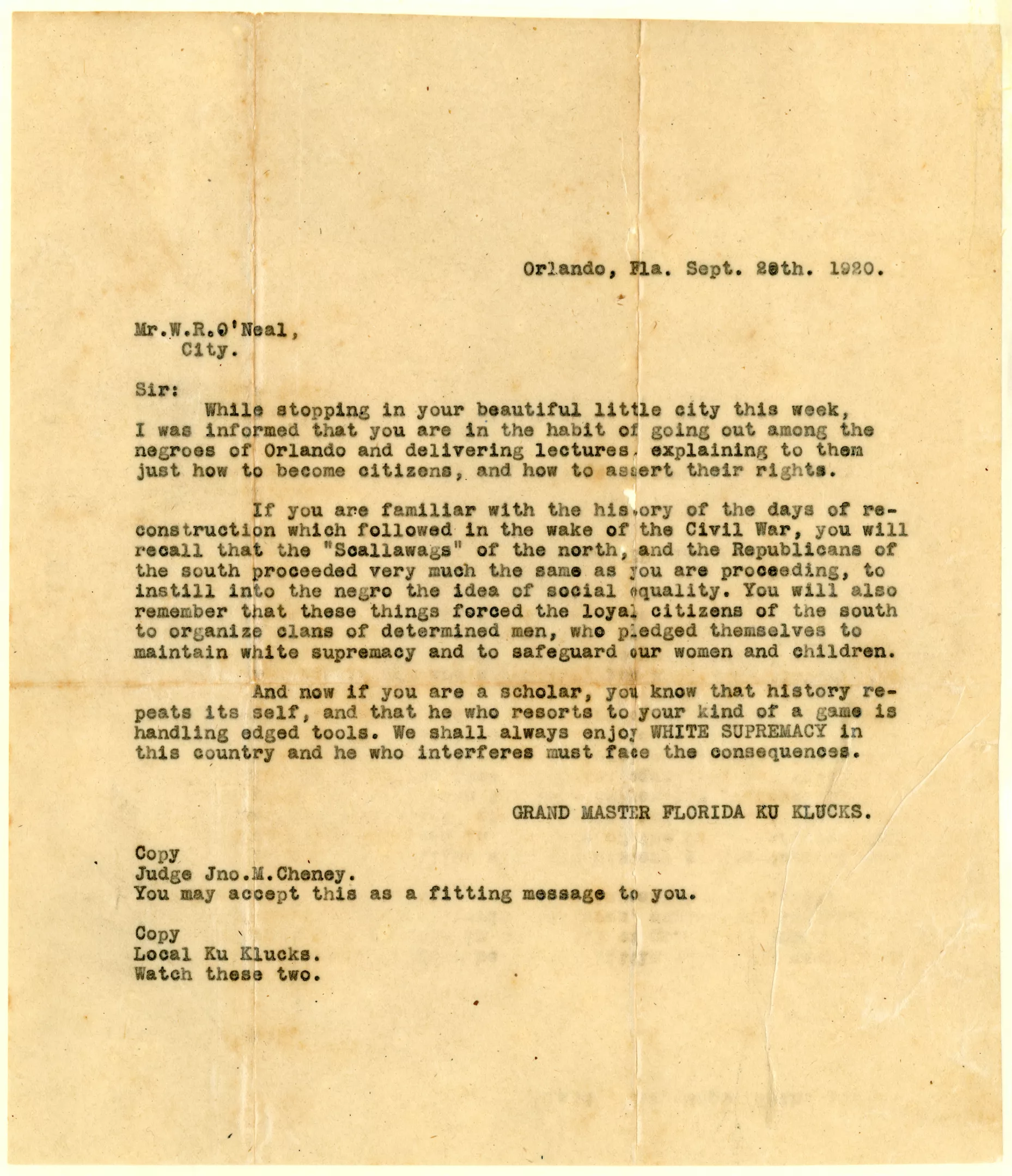 “How deeply systemic the hate around this event was, how deeply - intentional, how deeply and unabashedly open about it they were. - I mean, these KKK letters: ‘Stop enfranchising voters.’ - The fact that they put ads in the newspaper for ‘beautiful little - groves for sale of the Negroes that just fled Ocoee.’ - Every single thing we found was this new layer on this - really terrible cake of intentional racism.” - – Pamela Schwartz, curator of 'Yesterday, This Was Home' - PHOTOS AND DOCUMENTS COURTESY ORANGE COUNTY REGIONAL HISTORY CENTER