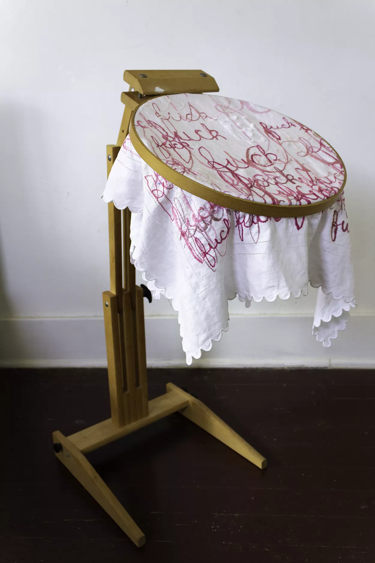 'Polite,' Sharon Norwood (2019). Embroidery on vintage linen. - IMAGE COURTESY UCF ART GALLERY