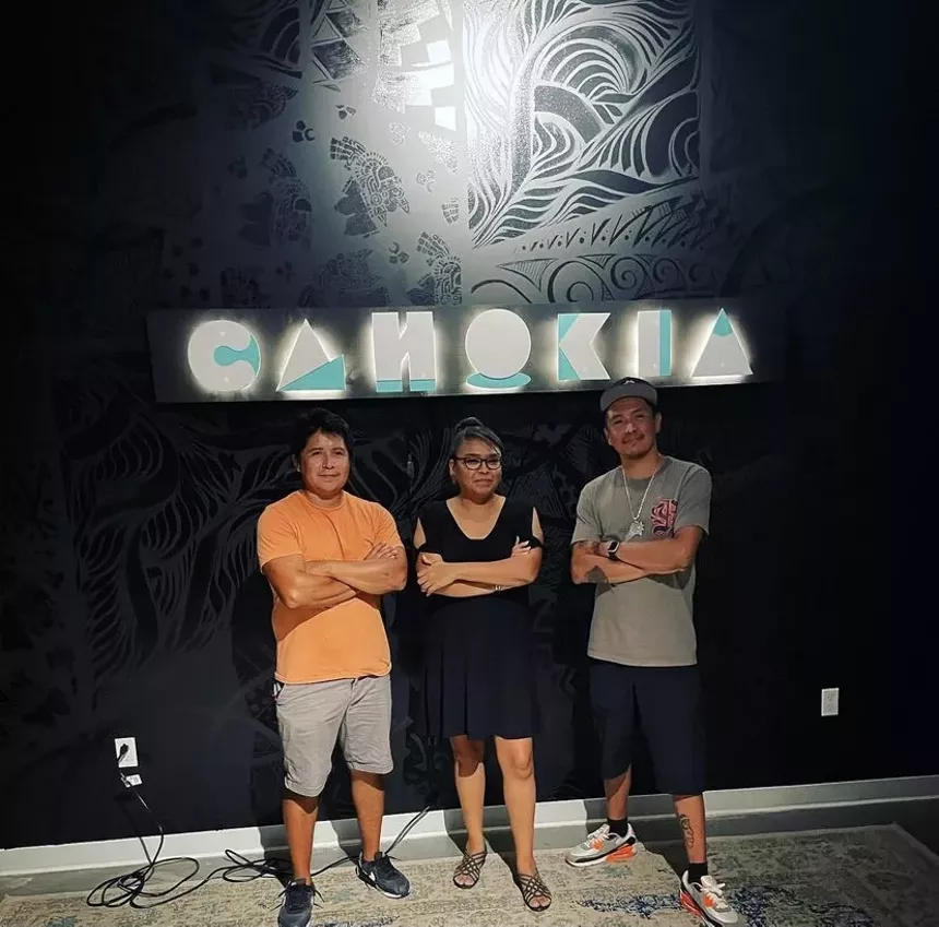 Cahokia cofounder, Eunique Yazzie, with the Cahokia sign designers Brian Skeet Design (L) and Jeremy Arviso (R). - CAHOKIA