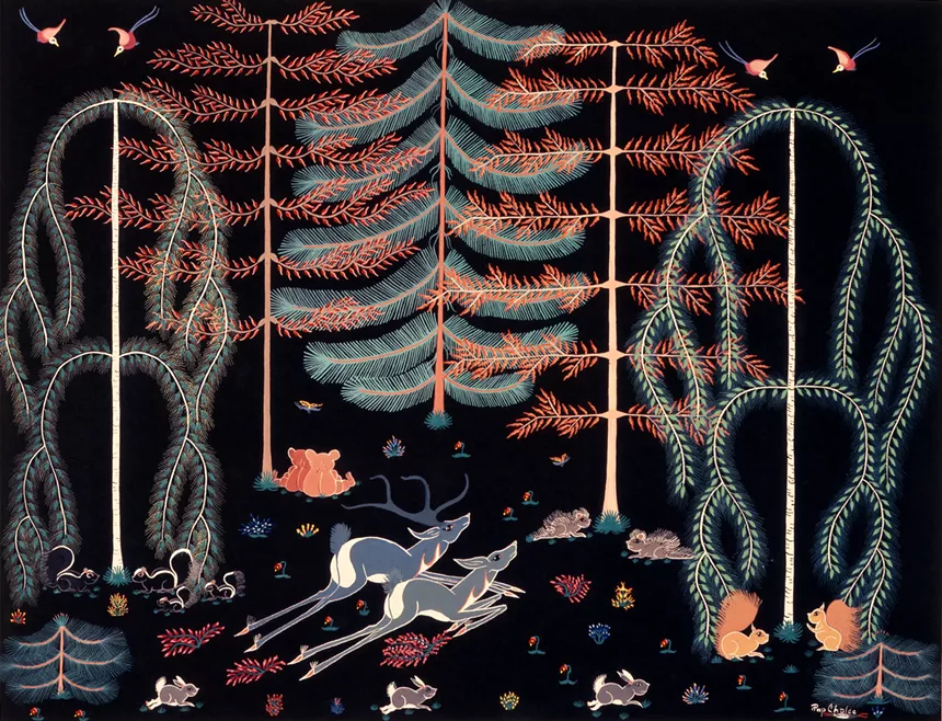 Pop Chalee (Merina Lujan) (Taos), 1906-1993, Enchanted Forest, nd Watercolor on paper, 19 3/4 x 25 3/4 inches. Museum collection heard. - MUSEUM HEARD