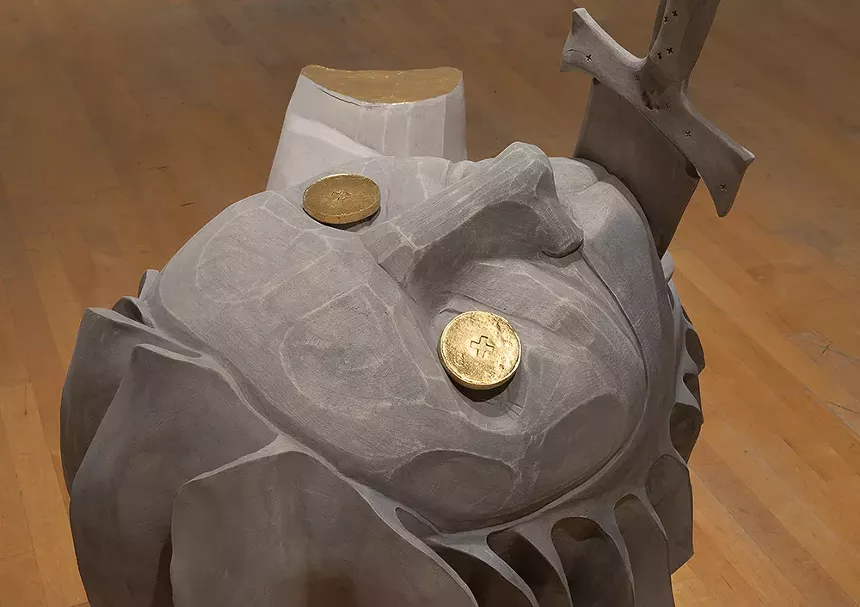 Cannupa Hanska Luger, The Ruin of the Dominion (And Other Gods We Never Name), 2021, ceramic, fiber, gold leaf. - ASU ART MUSEUM