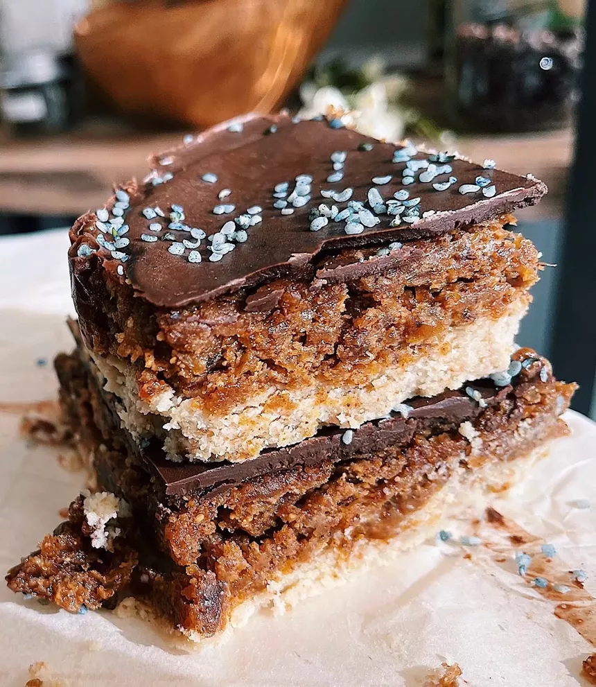 Earth Sugar's Caramel Candy Microcake has a soft almond crust, gate butter caramel and a snappy cacao coating. - JENNIFER MEYERS