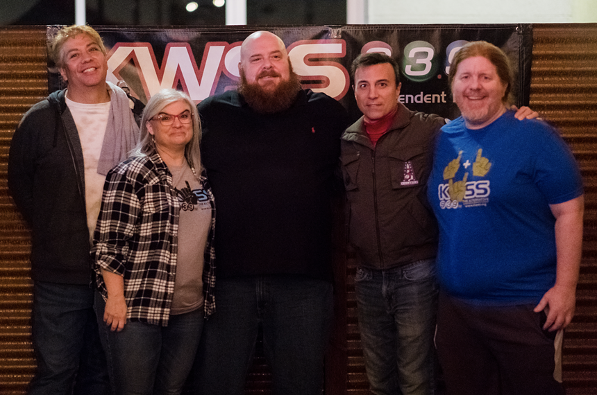 From left, Jay Cairo, Dani Cutler, Dubs White, Frank Magarelli, and Brian Defox of KWSS pose at Last Exit Live. - HARRY BUEDEL