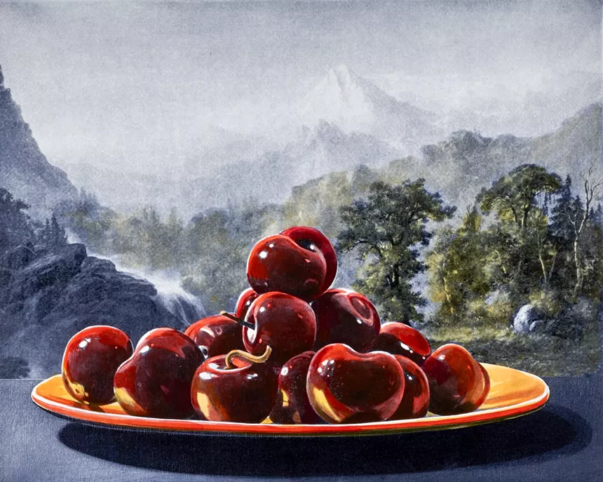 Sherrie Wolf (American (b. 1952), Histrionic Beauty Suite: Cherries/Mountain, edition 1/30, 2015, photogravure and hand-colored etching,19 1/2 x 22 1/4 in. Collection of Jordan D. Schnitzer, 2015. - AARON WESSLING PHOTOGRAPHY