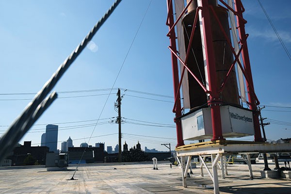 A Windstax turbine on a Strip District rooftop