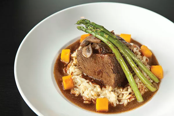 Braised beef short rib with risotto-style orzo, asparagus, butternut squash and mushrooms - PHOTOS BY HEATHER MULL