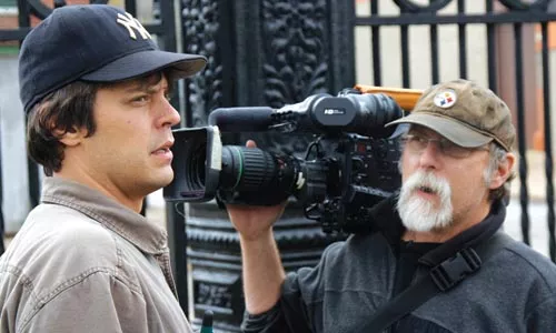 Director Sam Turich (left) consults with cinematographer Mark Knobil while filming "Mombies" in Lawrenceville. - PHOTO: TIMOTHY HALL