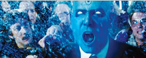 Dr. Manhattan (Billy Crudup) is annoyed by humanity.