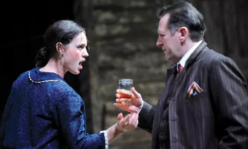 Drinking it in: Beth Wittig and Victor Slezak in A Moon for the Misbegotten, at Pittsburgh Public Theater. - PHOTO COURTESY OF PITTSBURGH PUBLIC THEATER.