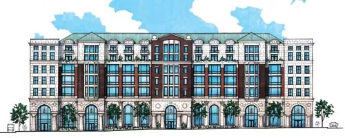 Historical intersections: artist's rendering of proposed new buildings for the Don Allen car dealership site, in Bloomfield. - COURTESY OF DOC-ECONOMOU