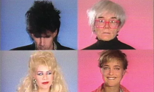 It's the story ... of a man named Warhol: (clockwise from upper left) Ric Ocasek, Andy Warhol, Susan Hess and Dianne Brill in the 1985 pilot for Andy Warhol's Fifteen Minutes. - IMAGE COURTESY OF THE ANDY WARHOL MUSEUM.