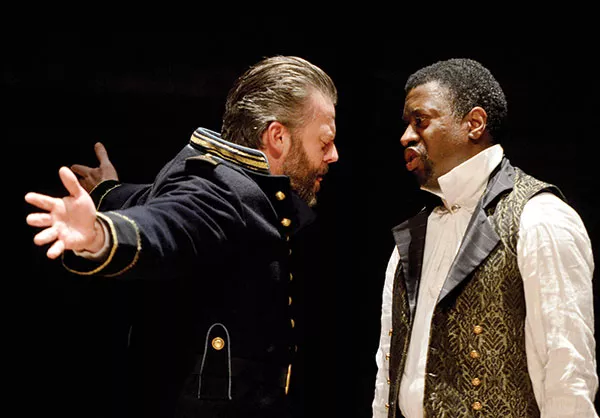Jeremy Kushnier (left) Teagle F. Bougere in Pittsburgh Public Theater's Othello - PHOTO COURTESY OF PITTSBURGH PUBLIC THEATER
