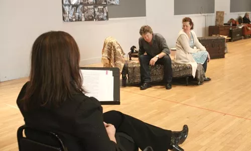 Making a scene: Brigden (foreground) watches Joseph Adams (left) and Chandler Vinton rehearse The Price. - HEATHER MULL
