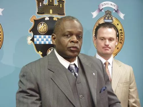 Mayor Luke Ravenstahl and Police Chief Nate Harper announce that the officers invovled in the Jordan Miles incident would return to work. - PHOTO BY LAUREN DALEY