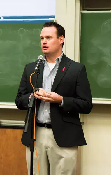 Mayor Luke Ravenstahl discusses Pittsburgh's efforts to curb AIDS rates with attendees of the World AIDS Day rally at Carnegie Mellon University. - PHOTO BY OHAD CADJI
